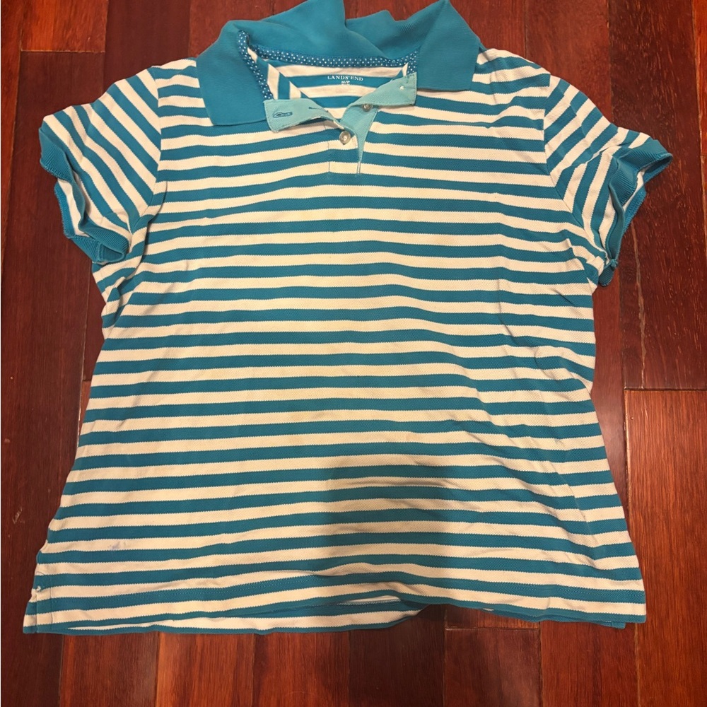 Lands' End Teal and White Striped Kids Polo